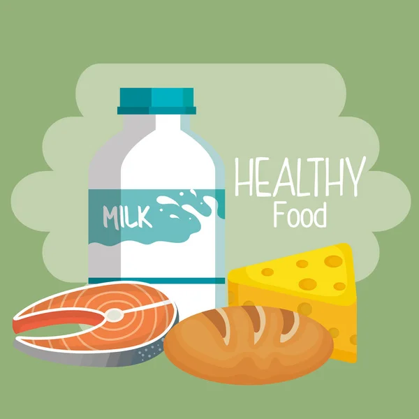 Deliciosa botella de leche con alimentos saludables — Vector de stock