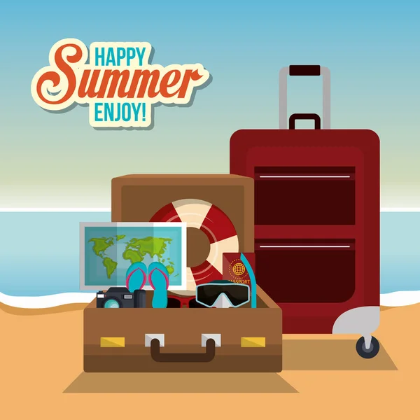 Verano disfrutar de la playa con iconos — Vector de stock