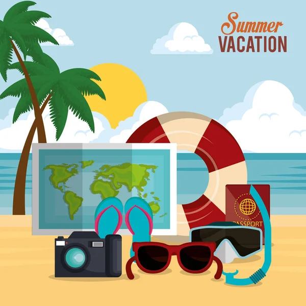 Vacaciones de verano playa con iconos — Vector de stock