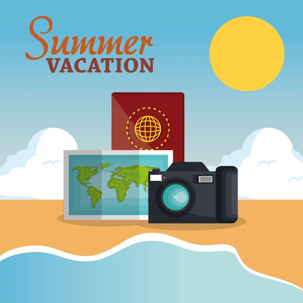 Vacaciones de verano playa con iconos — Vector de stock
