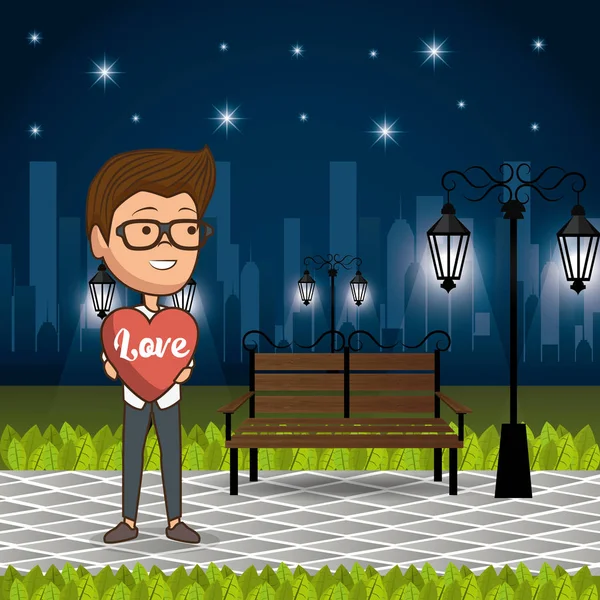 Man in love in the park at night — Stock Vector