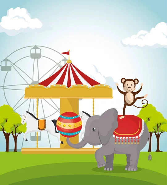 Apen en olifant circus show — Stockvector