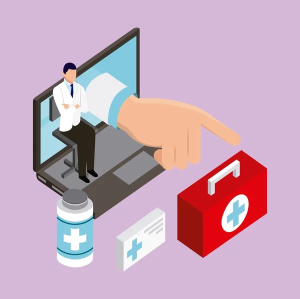 Saúde Digital Kit Primeiros Socorros Garrafa Medicina Computador Tela Mão — Vetor de Stock