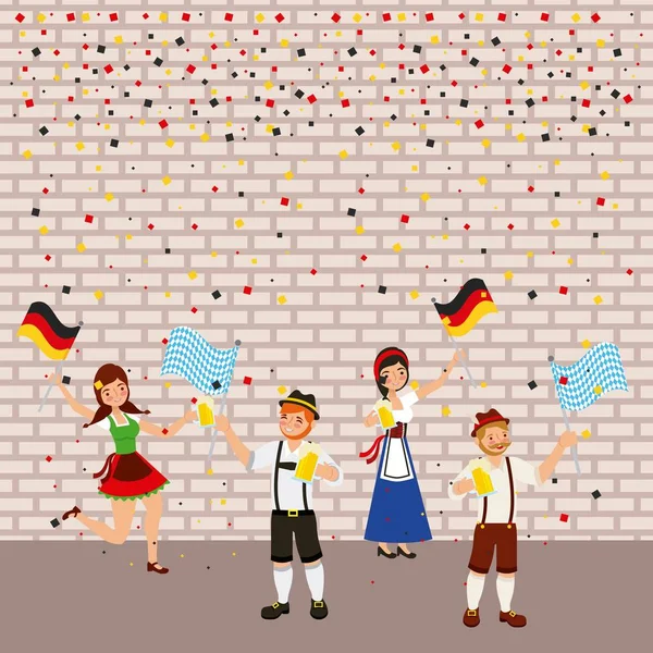 Oktoberfest Celebración Alemana Confeti Personas Disfrutan Cervezas Banderas Vector Ilustración — Vector de stock