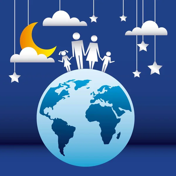 Ochrona Rodziny Para Childs Świecie Gwiazd Chmury Nocy Wektor Ilustracja — Wektor stockowy