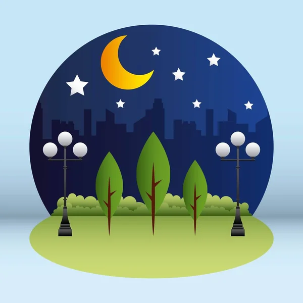 Notte Stelle Città Parco Luna Lampade Vettoriale Illustrazione — Vettoriale Stock