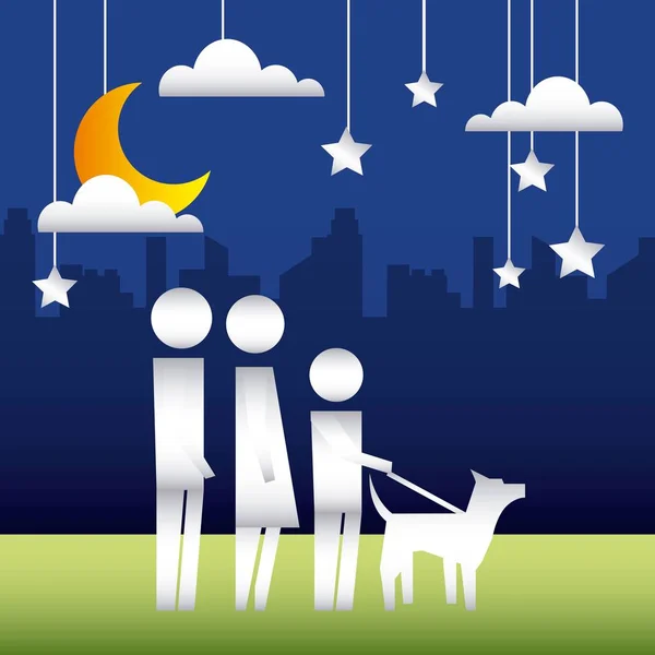 City Park Nacht Koppel Met Kind Wandelen Hond Vectorillustratie — Stockvector