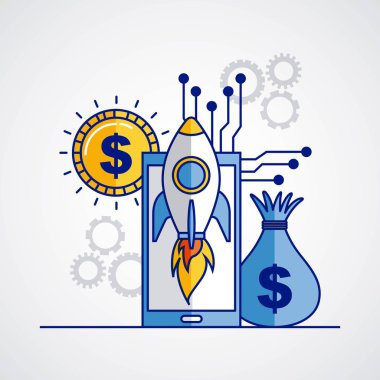 Smartphone roket para çantası doları fintech vektör çizim