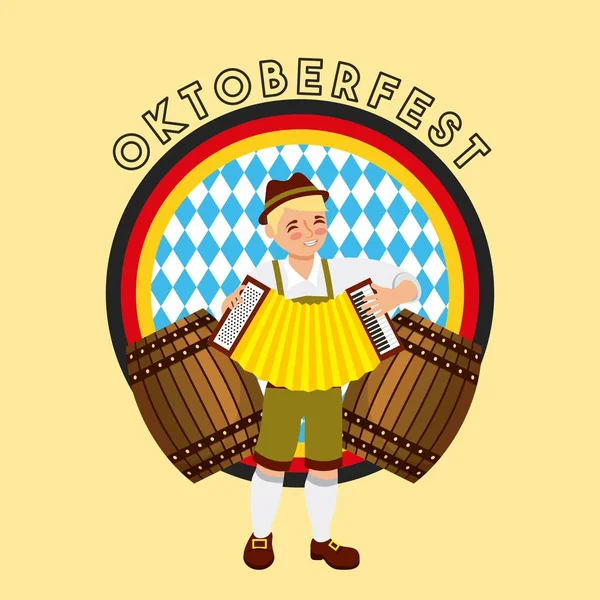 Oktoberfest Alemán Celebración Pegatina Alemania Bandera Chico Jugando Acordeón Barriles — Archivo Imágenes Vectoriales