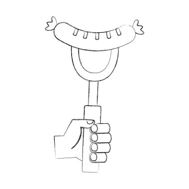 sosis üzerinde çatal gıda vektör çizim el çizimi tutan el