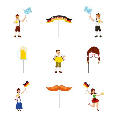 oktoberfest Alman kutlama bıyık maskesi bira kız çocuklar bayrak tutan illüstrasyon vektör