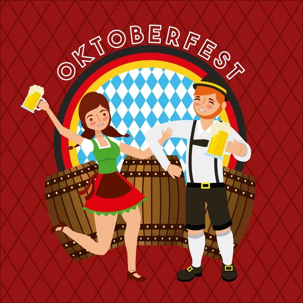 Oktoberfest Alemão Celebração Festival Casal Dança Segurando Cervejas Barris Bebidas —  Vetores de Stock