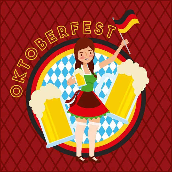 Oktoberfest Alemão Celebração Cervejas Menina Segurando Alemanha Bandeira Vetor Ilustração —  Vetores de Stock