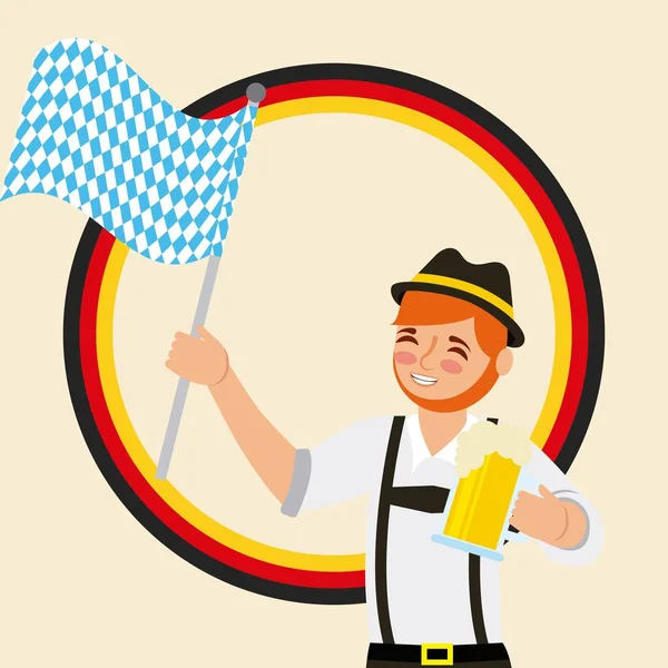 Oktoberfest Celebración Alemana Pegatina Pan Hombre Sosteniendo Bandera Vector Ilustración — Vector de stock