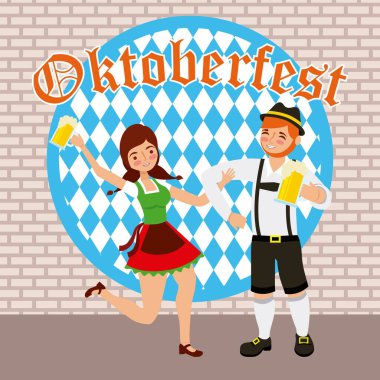 Oktoberfest kutlamaları çift mutlu kutlamak holding bira vektör çizim