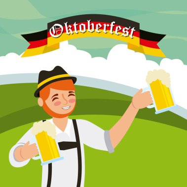 oktoberfest kutlamaları dağlar çocuk bira vektör çizim tutan şapka kullanarak