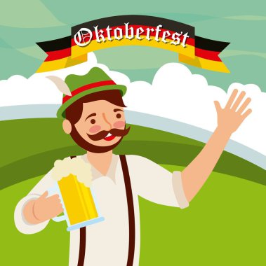Oktoberfest kutlamaları Alman bayrağı bira festivali tarihi vektör çizim tutan çocuk imzalamak