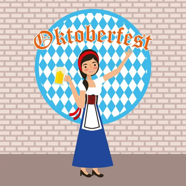 Oktoberfest Celebration Cute Girl Dress Hand Holding Beer Vector Illustration — Stock Vector