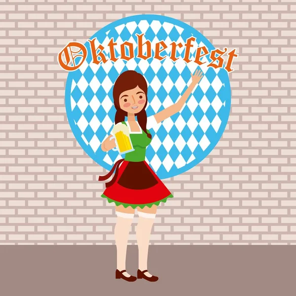 Oktoberfest Feier Aufkleber Schild Girl Holding Beer Festival Vektor Illustration — Stockvektor