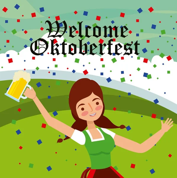 Oktoberfest Celebration Mountains Conffetis Girl Holding Beer Vector Illustration — Stock Vector