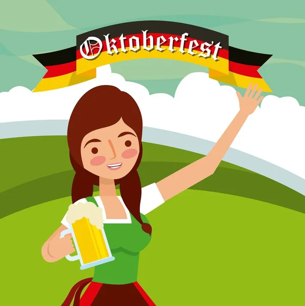 Oktoberfest Celebração Alemão Bandeira Menina Sorrindo Segurando Cerveja Montanhas Vetor —  Vetores de Stock