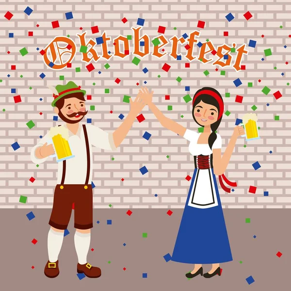 Oktoberfest Celebração Confetti Casal Mãos Dadas Cervejas Vetor Ilustração —  Vetores de Stock