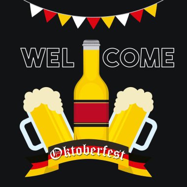 Oktoberfest Alman kutlama şişe bira flamalar vektör çizim imzalamak