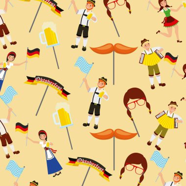 oktoberfest Alman kutlama çıkartma çocuklar kızlar bira bayrakları tutan illüstrasyon vektör