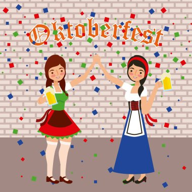 oktoberfest kutlamaları konfeti festival kızlar bira tutan illüstrasyon vektör