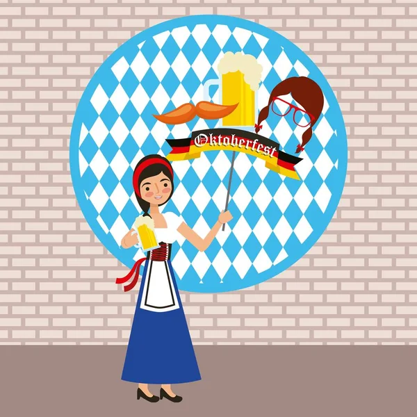 Oktoberfest Celebración Chica Sosteniendo Bandera Alemana Bigote Máscara Vector Ilustración — Vector de stock