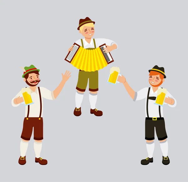 Oktoberfest Celebração Meninos Jogando Acordeão Segurando Cervejas Vetor Ilustração — Vetor de Stock