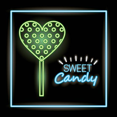tatlı şeker yeşil kalp lolipop kare neon vektör çizim