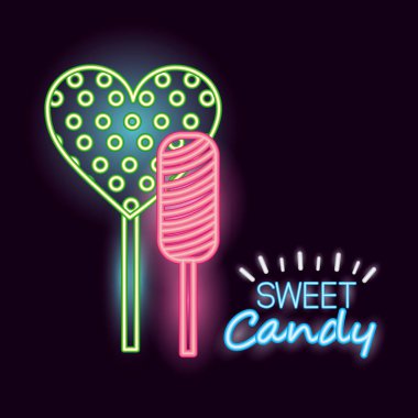 tatlı şeker lolipoplar vintage tarzı neon vektör çizim
