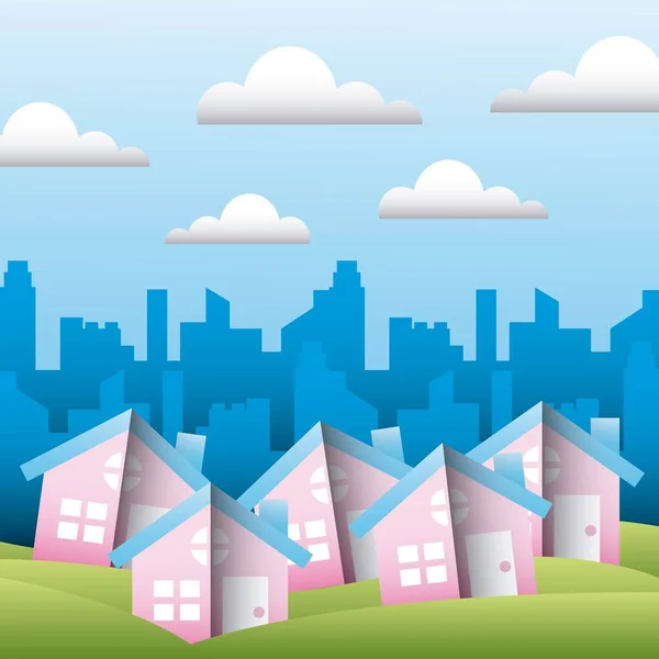 Family Protection City Houses Clouds Vector Illustration — Stock Vector