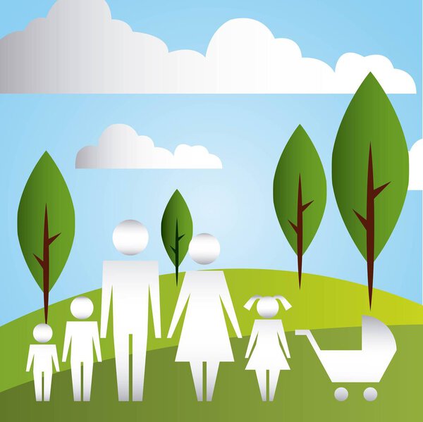 parents and son daughter baby pram in the park family protection vector illustration