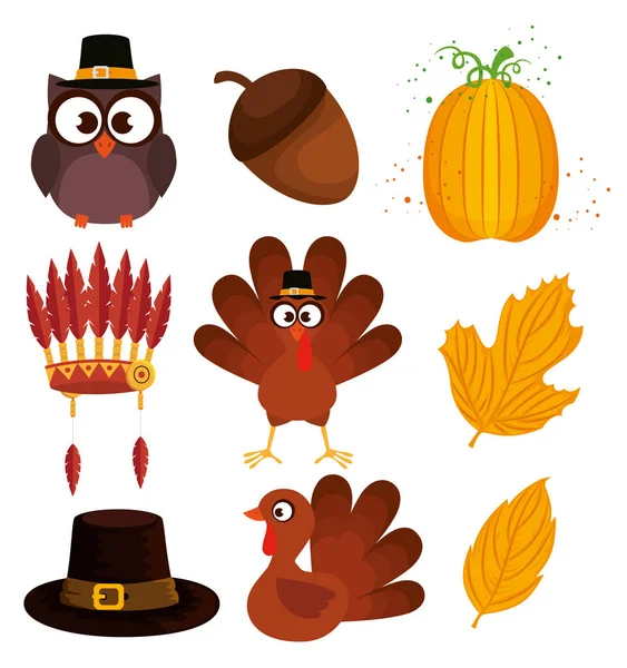 Happy thanks giving set icons — Stock Vector