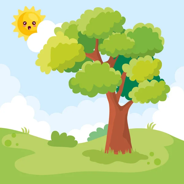 Landscape scene with tree and sun character — Stock Vector