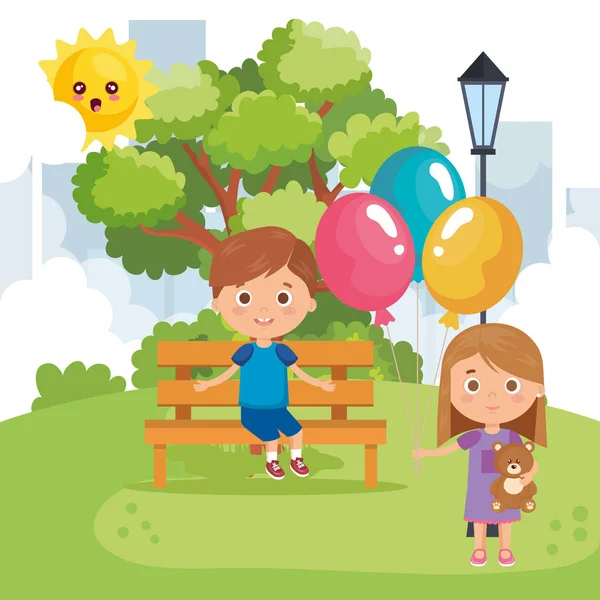 Küçük çocuklar çift üzerinde parkta oynarken — Stok Vektör