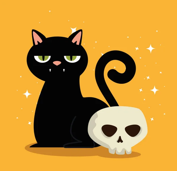 Halloween kártya fekete macska és a koponya — Stock Vector