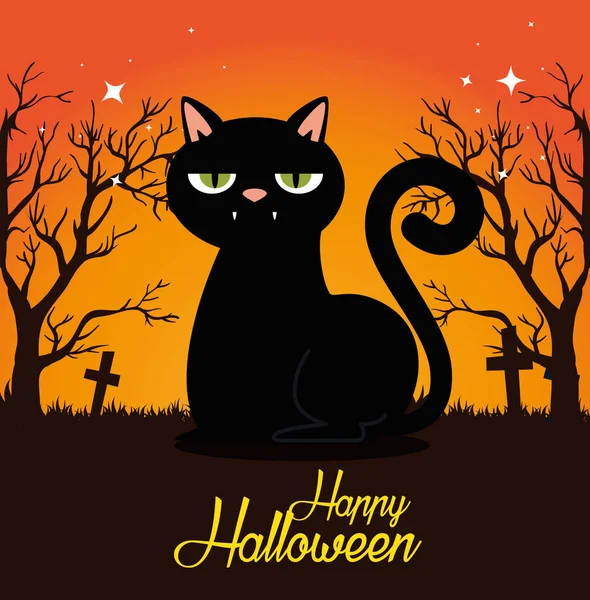 Carte d'Halloween avec chat noir dans le cimetière — Image vectorielle