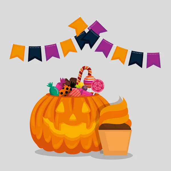 Cartão de Halloween com abóbora e doces —  Vetores de Stock