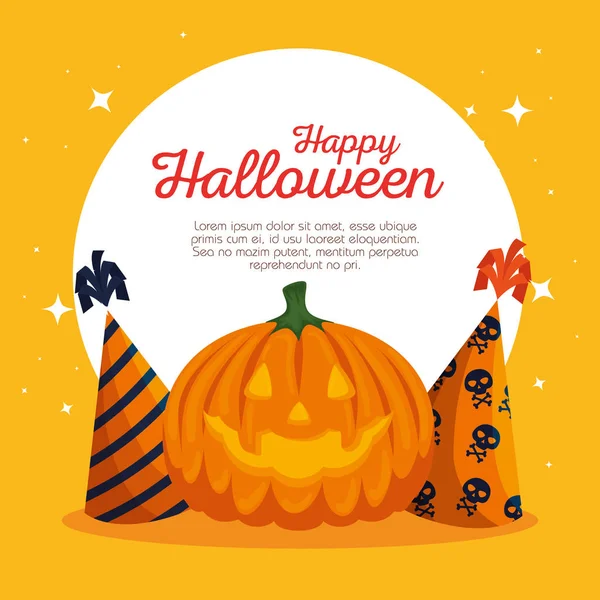 Carte d'Halloween avec citrouille et chapeaux de fête — Image vectorielle