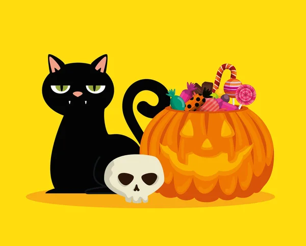 Carte d'Halloween avec citrouille et chat noir — Image vectorielle