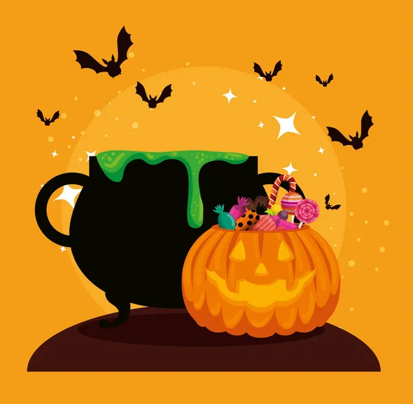 Halloween-kaart met ketel en Pumpkin — Stockvector