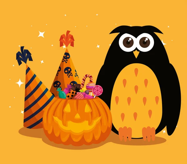 Carte d'Halloween avec citrouille et hibou — Image vectorielle