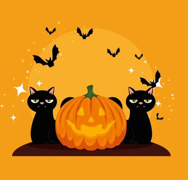 Carte d'Halloween avec citrouille et chats noirs — Image vectorielle