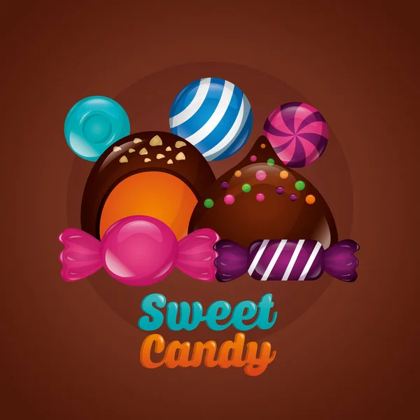 Sweet Candy Chocolate Chips Cakes Lollipops Vector Illustration — Stock Vector