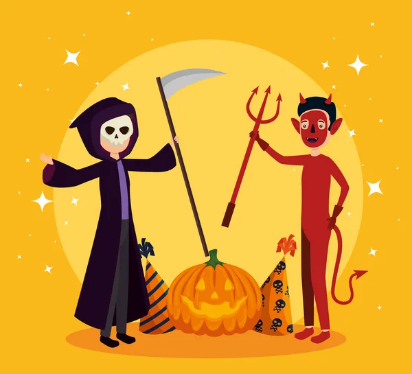 Tarjeta de Halloween con disfraz de muerte y el diablo — Archivo Imágenes Vectoriales