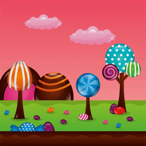 Bonbons Sucrés Nuages Parc Arbres Sucettes Boules Saveurs Vectoriel Illustration — Image vectorielle