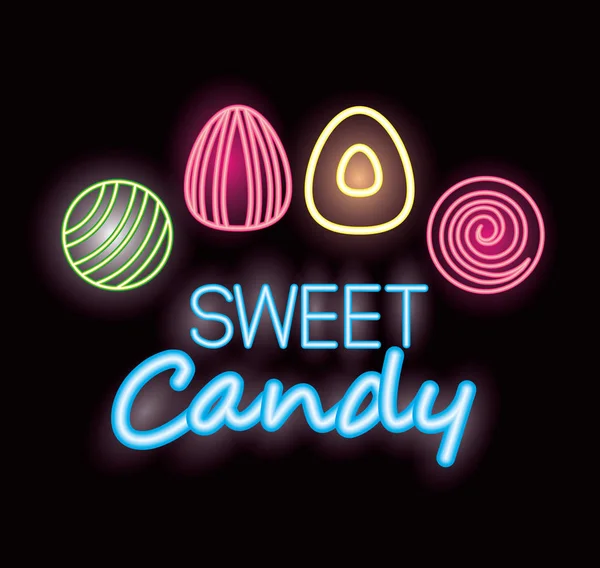 Sweet Candy Almonds Flavors Neon Style Sign Vector Illustration — Stock Vector